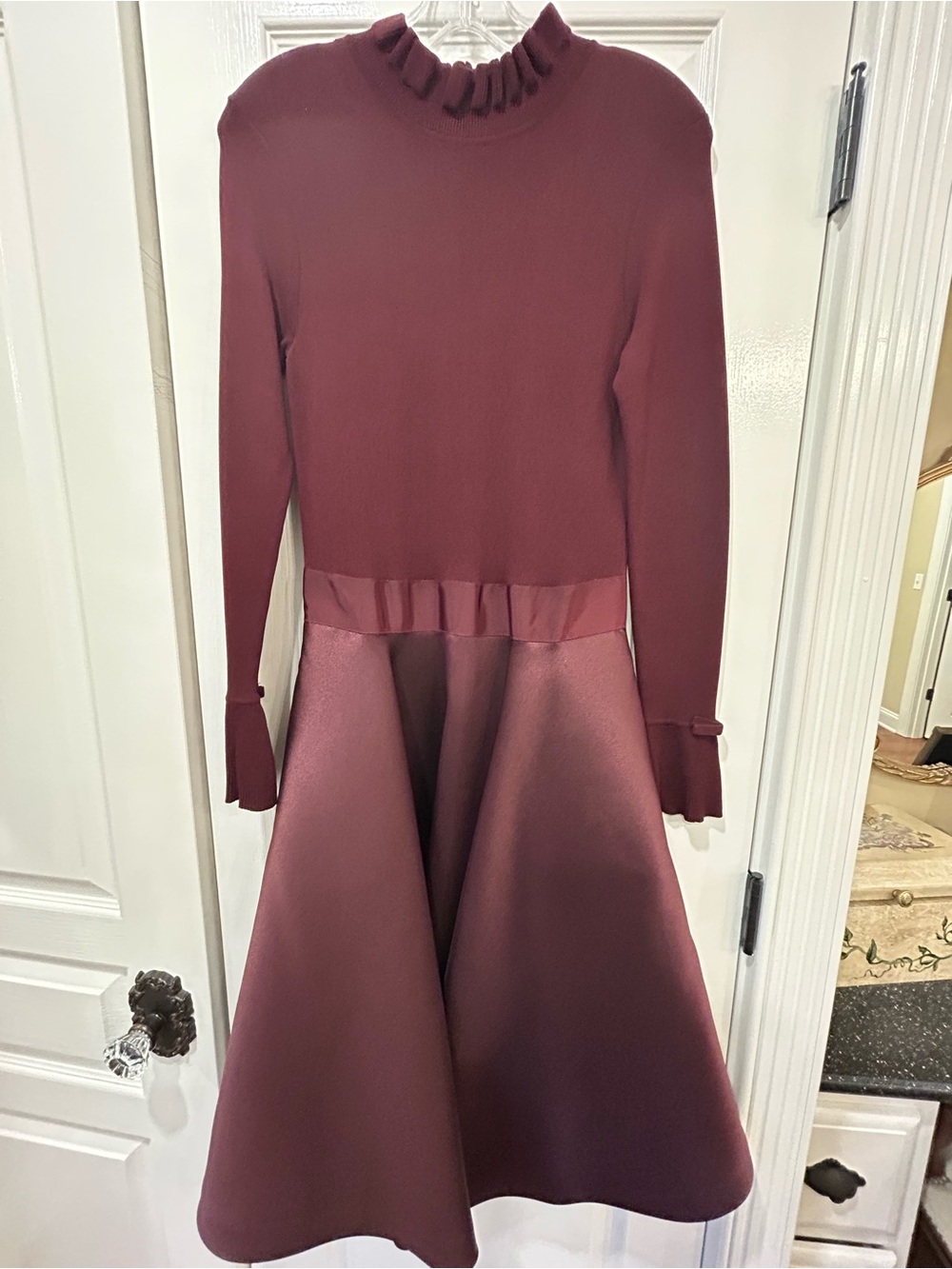Ted Baker Women's Burgundy Long-Sleeve Ruffle Neck Fit-and-Flare Dress